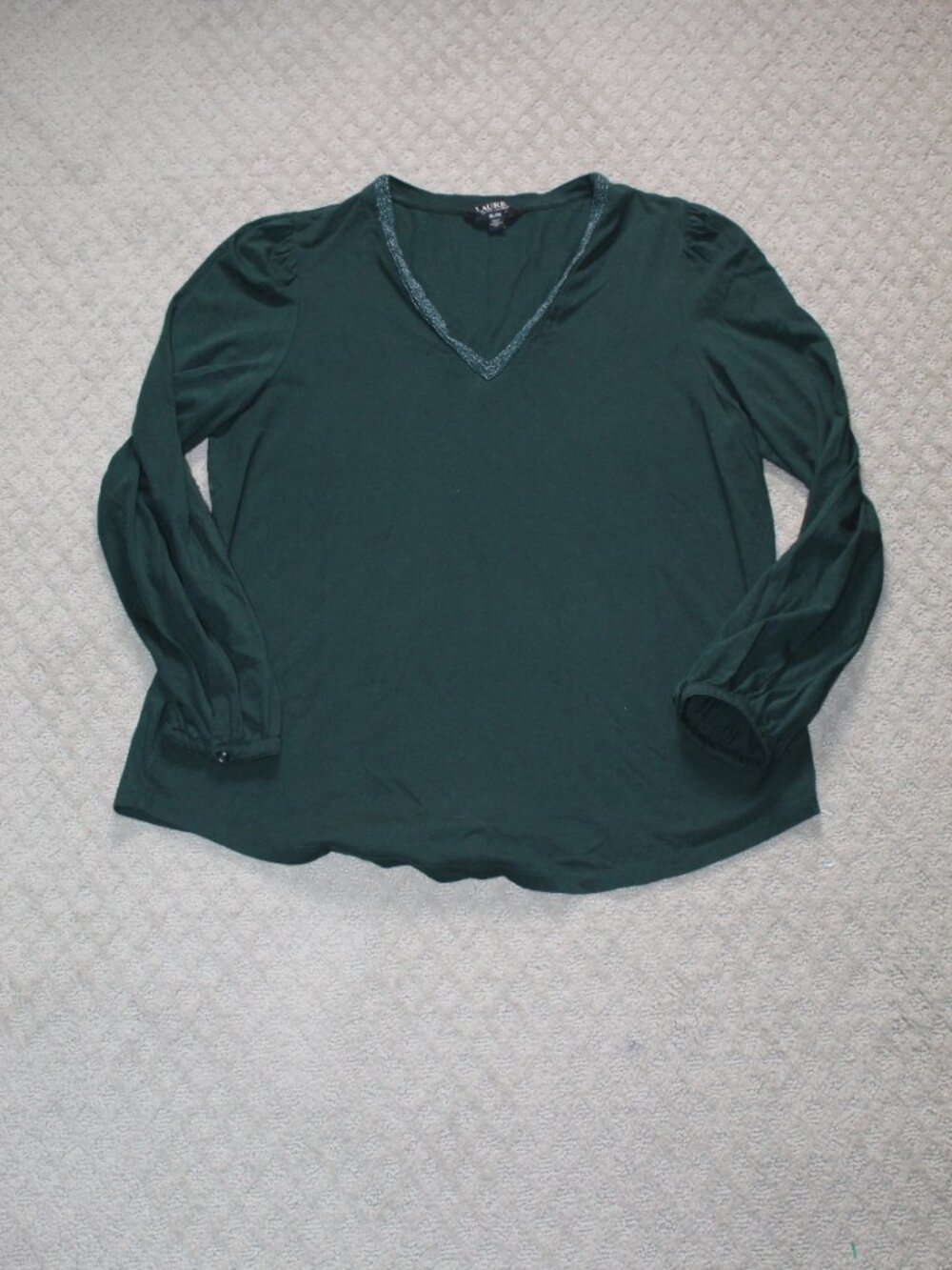 Lauren Ralph Lauren Size XL Forest Green Beaded Trim V-Neck Long Sleeve Knit Top